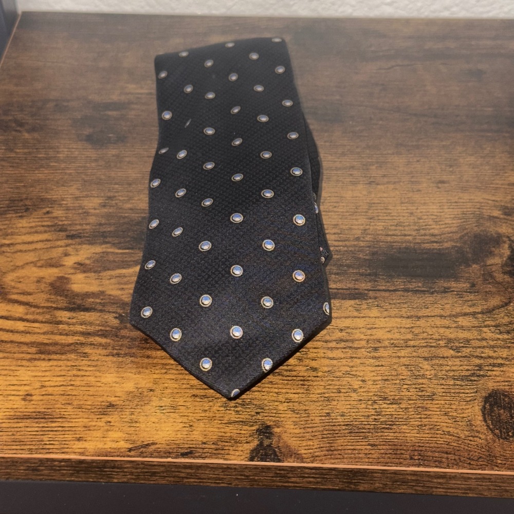 Yves Saint Laurent Mens Navy Blue Silk Geometric Circle Polka Dot Designer Tie